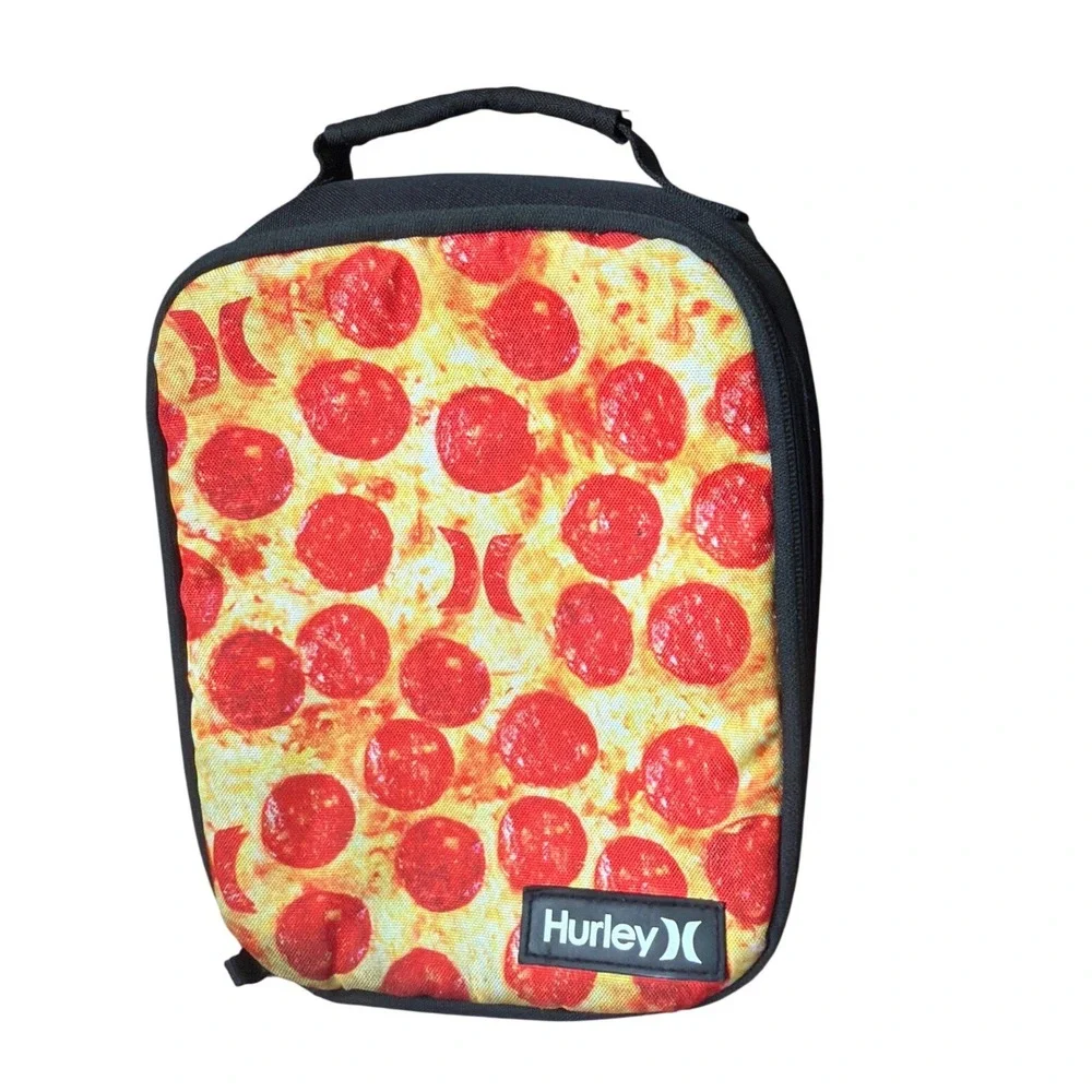 Hurley Pizza Print Insulated Lunch Bag Black Red Pepperoni‎ Graphic Snack Tote